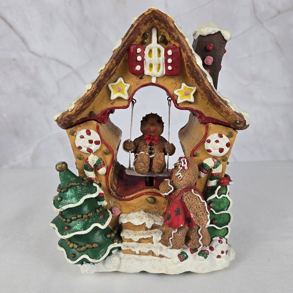 Gingerbread House Music Box with Gingerbread Man on Swing WORKS Holiday